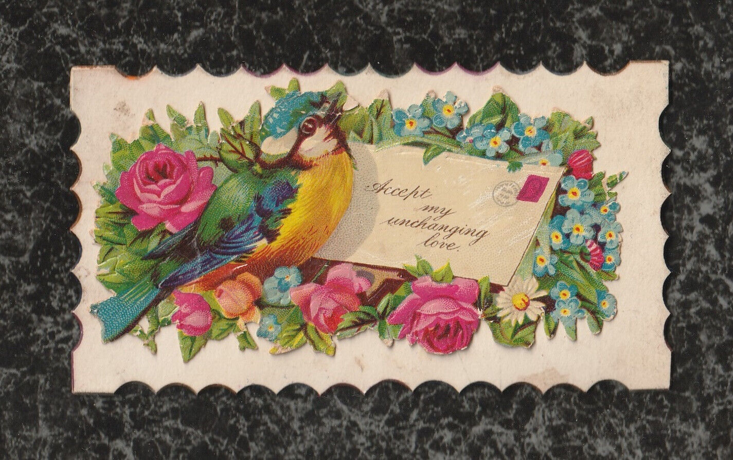 Victorian Hidden Name Calling Card Roses Bluebird Envelope - Hartzell 4 x 2