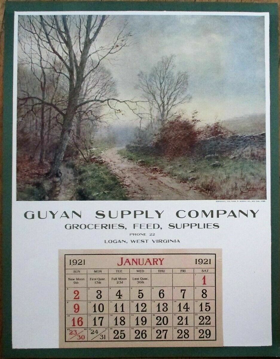 Logan, WV 1921 Advertising Calendar 13x17 Poster, Grocery and Feed West Virginia