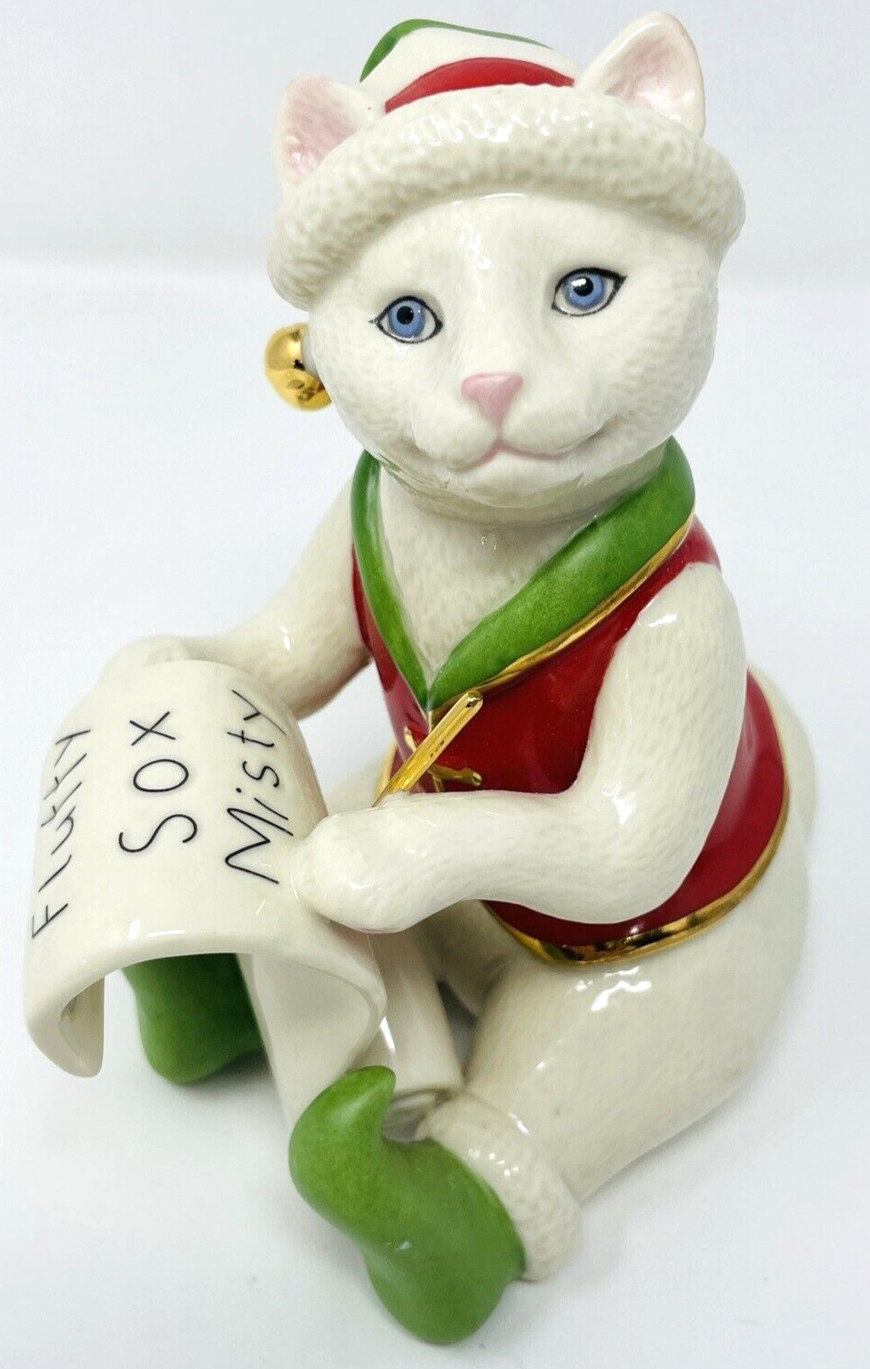 Lenox Santa's Kitty Elf  Porcelain Figurine White Christmas Cat Blue Eyes