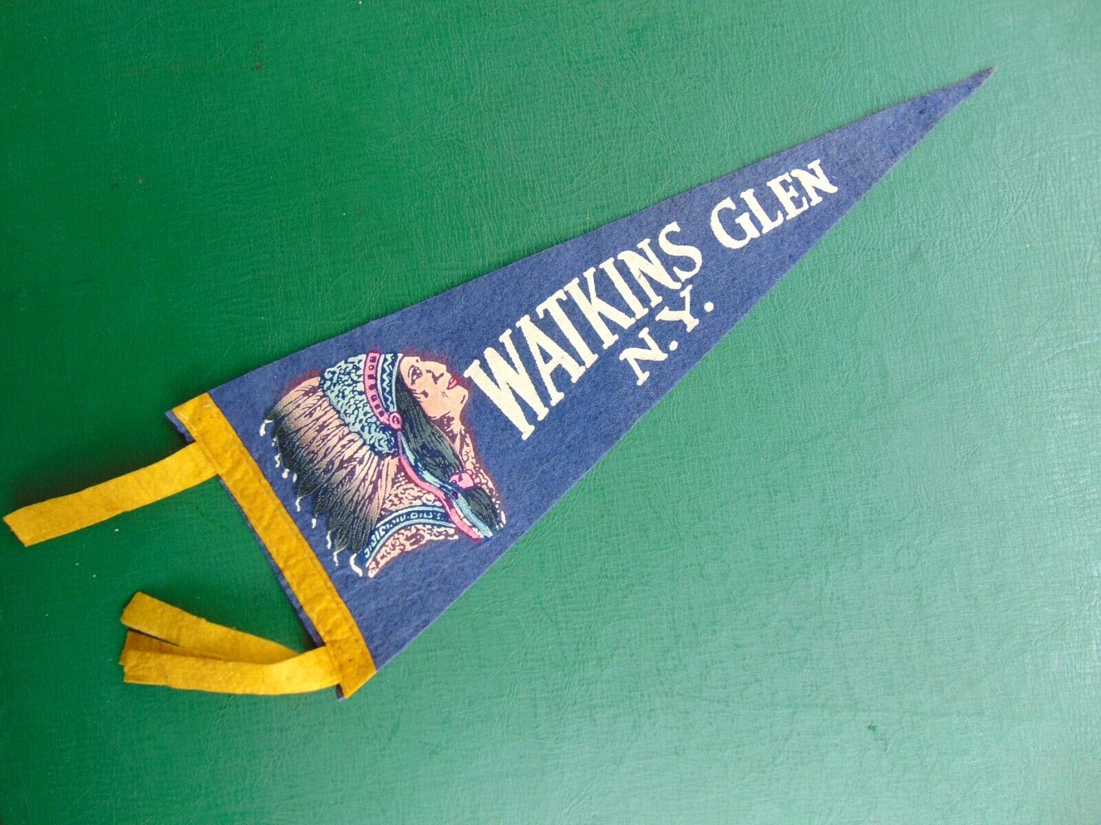 Vintage Walkins Glen NY Indian Chief Head Blue Felt Pennant 12\