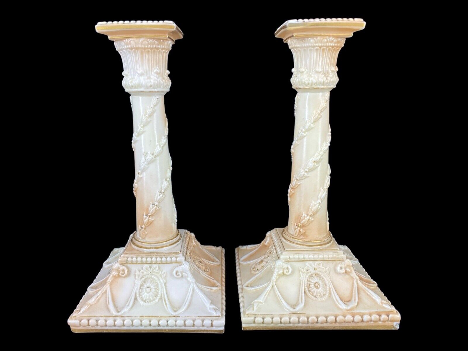 Pair of Royal Worcester #1050 Ivory Blush Corinthian Column Candlesticks Holders
