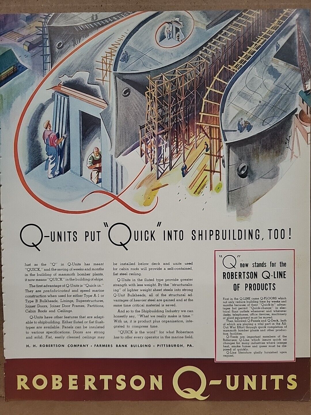 1942 Robertson Q-Units Fortune WW2 Print Ad Q4 Shipbuilding H.H. Robertson Ships