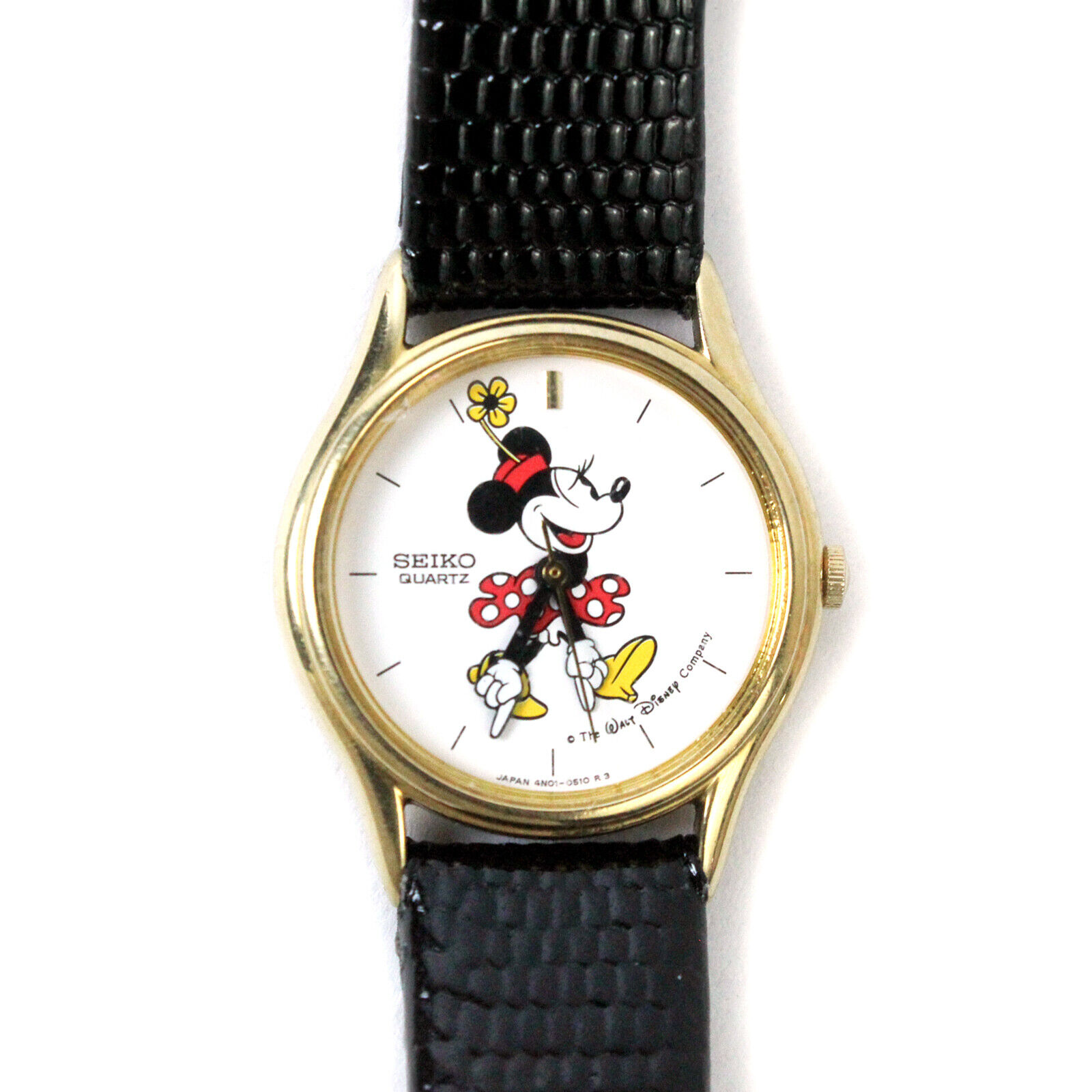 Vintage Seiko Women's Disney Minnie Mouse Watch 4N01-0129 Black Leather Strap
