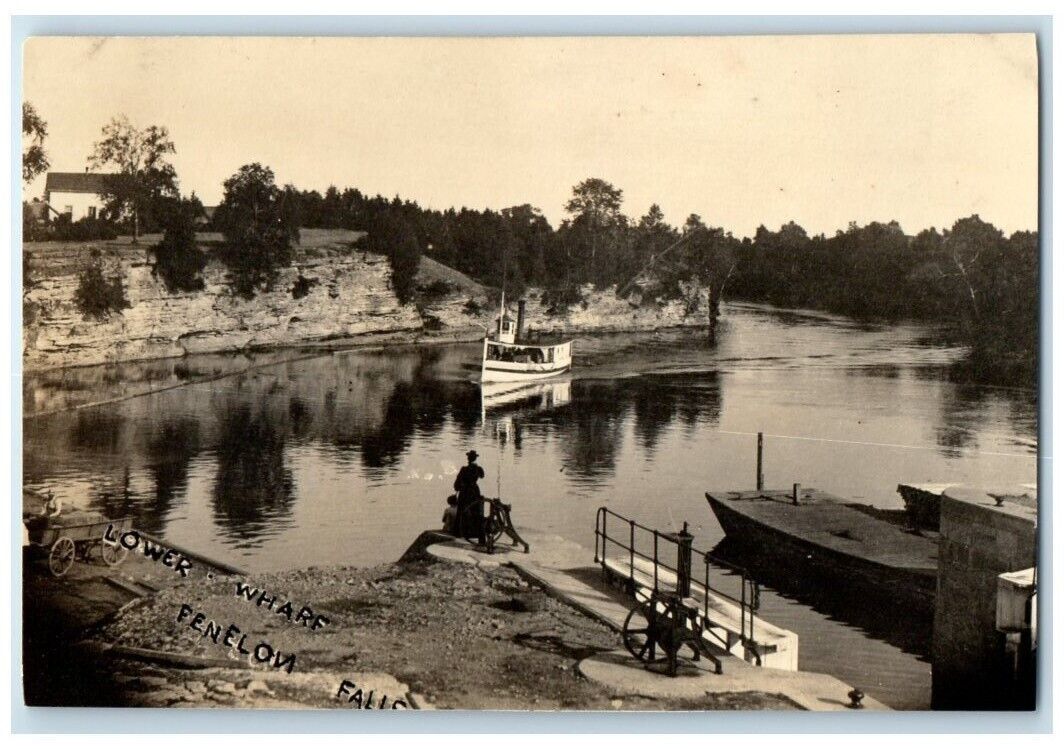 c1920's Lower Wharf Boat View Fenelon Falls Ontario Canada RPPC Photo Postcard
