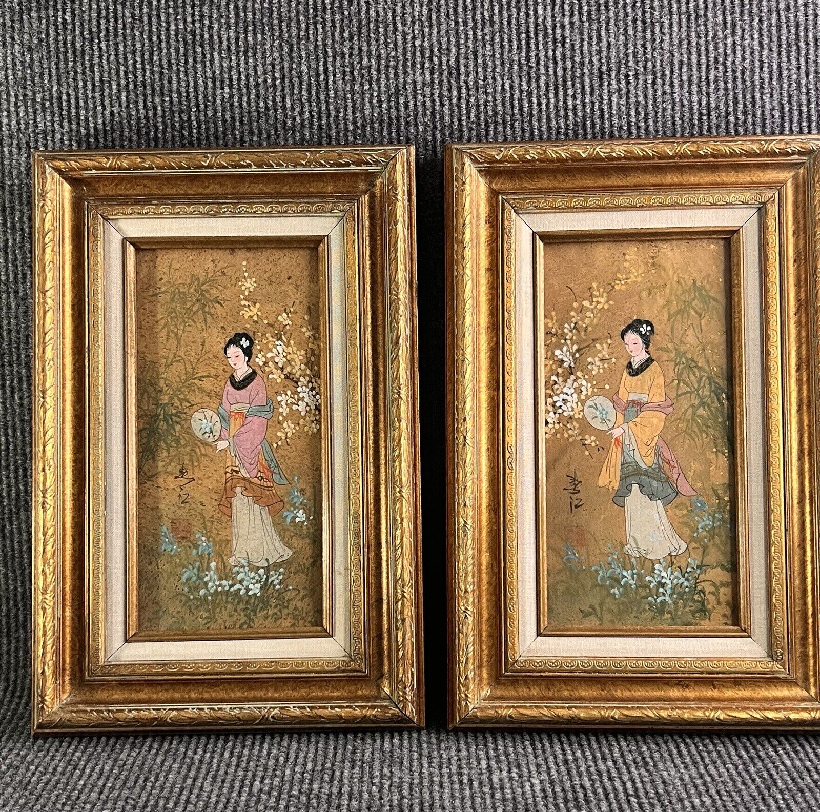 Custom Framed Original Oriental Princesses Oil on Cork Pair of Asian Princesses