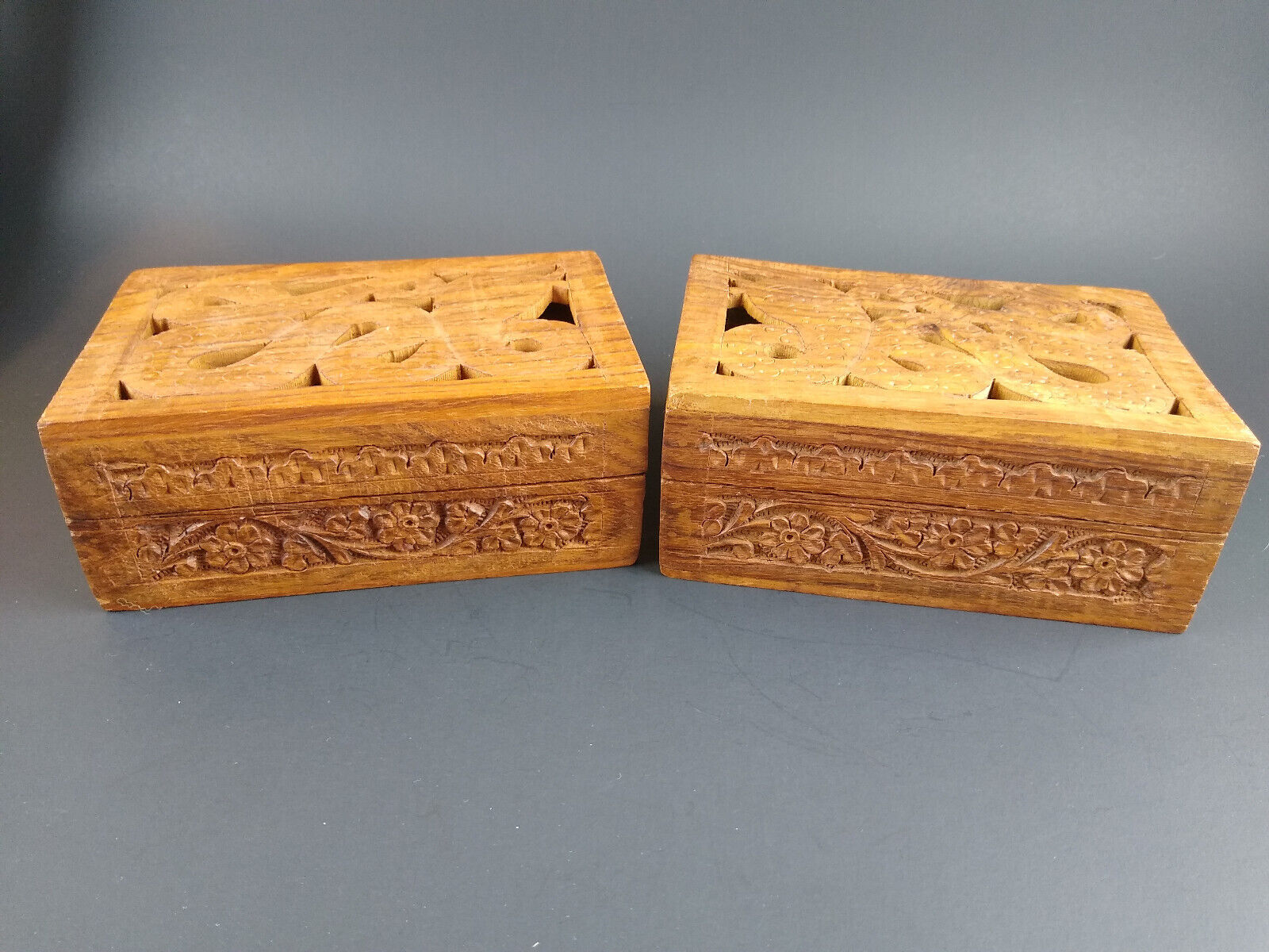 Vintage Hand Carved Wooden Jewelry Trinket Box Made In India Set of 2 Boxes 