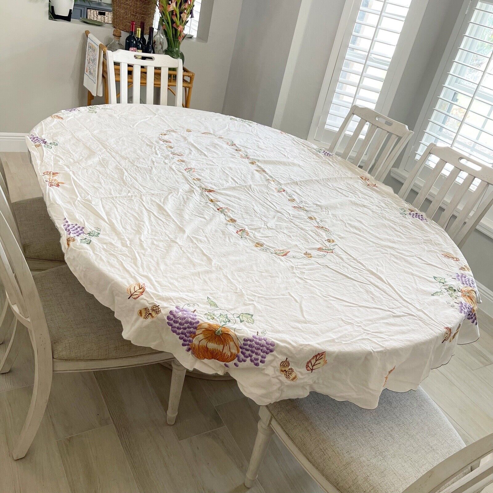 Vtg Ivory Embroidered Fall Thanksgiving Oval Tablecloth Acorns Pumpkins 66”X98”