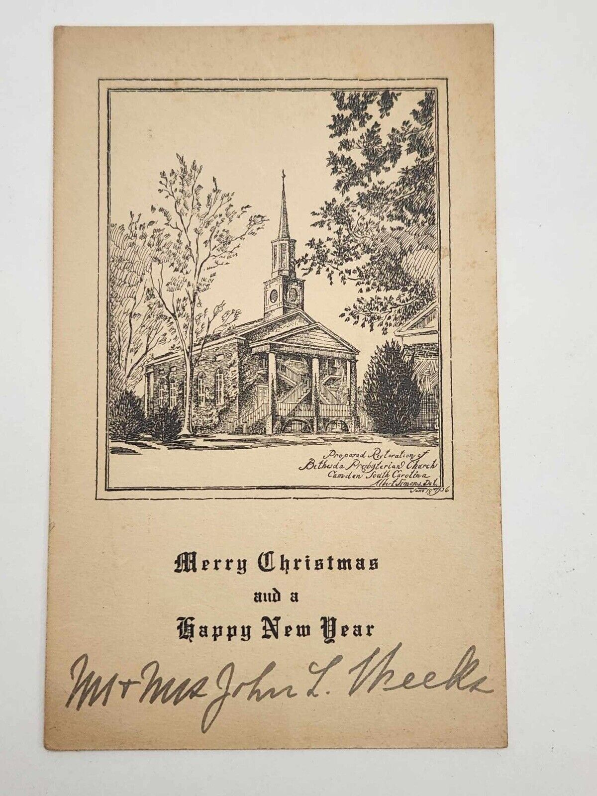 Bethesda Presbyterian Church Camden South Carolina 1936 Christmas Card 4 x 6.5in