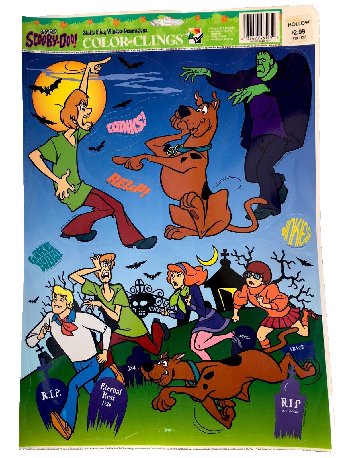 Scooby Doo 2 Window Color Clings Vintage 1998 Halloween Reusable Cartoon Network