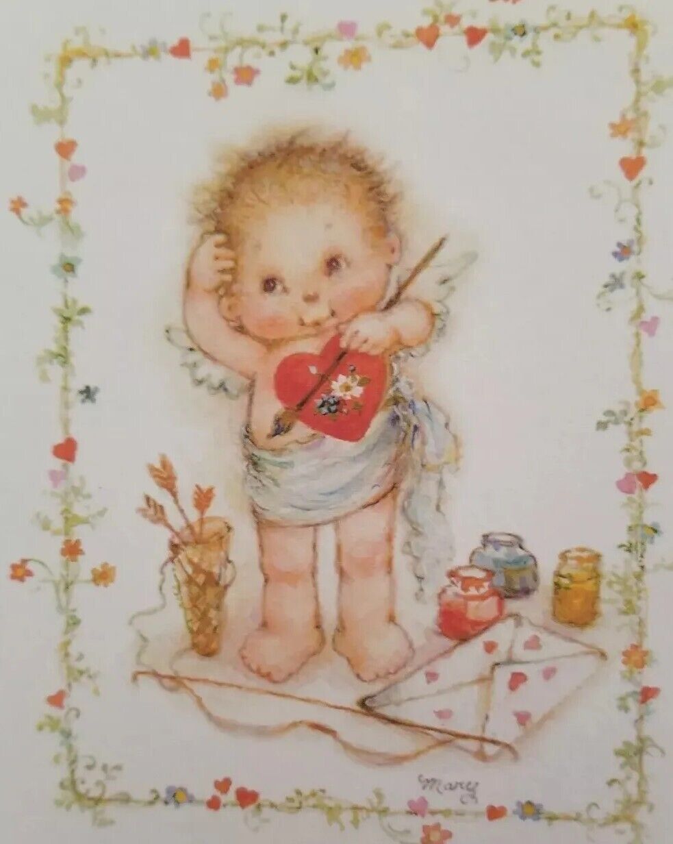 Mary Hamilton card Valentines day Vtg Hallmark Cupid Child Cherub Flowers 6.25\