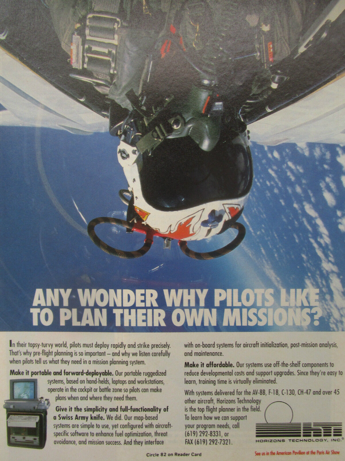 5/1991 PUB HORIZONS TECHNOLOGY PRE FLIGHT PLANNING PILOT HELMET ORIGINAL AD