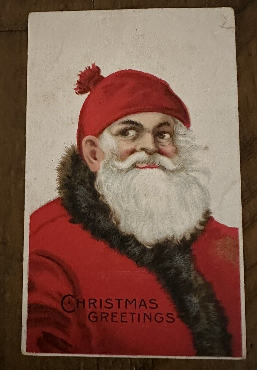 Rare~Red Cap ~Fur Trimmed Robe Santa Claus~Antique Christmas Postcard~k669
