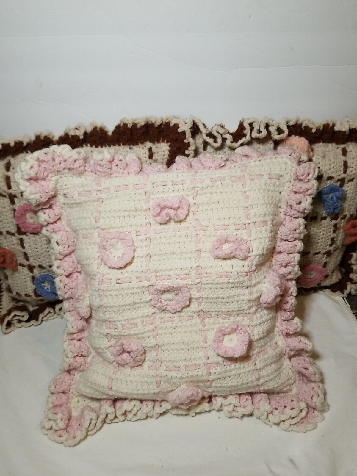Vintage Lot 3 Crochet Square Scalloped Throw Pillows