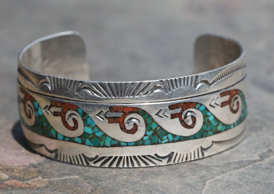 Men's Vintage Pawn Sterling Silver NAVAJO TURQUOISE + CORAL Cuff BRACELET, 37g