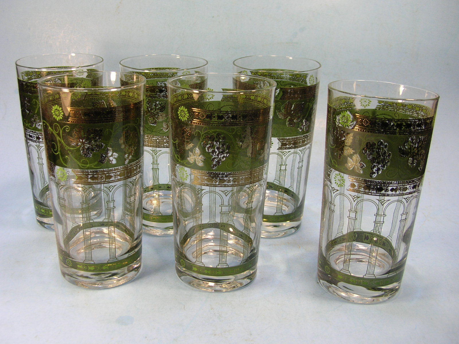Set of 6 CERA Highboy Tumblers Green Gold Grecian Grapes Leaves Pattern