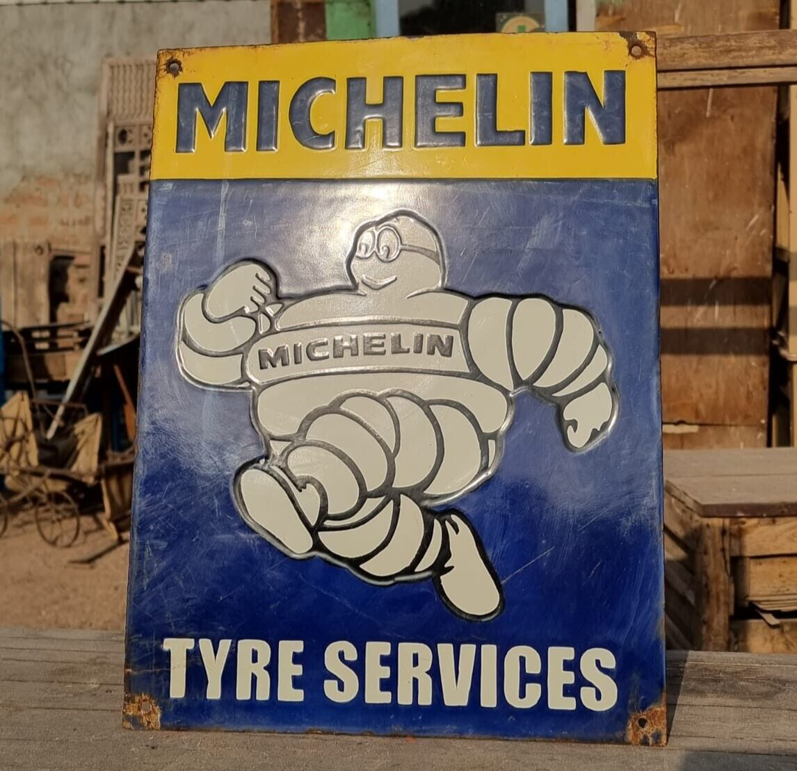 Original Vintage Rare Michelin Tyre Service Embossed Porcelain Enamel Sign Board