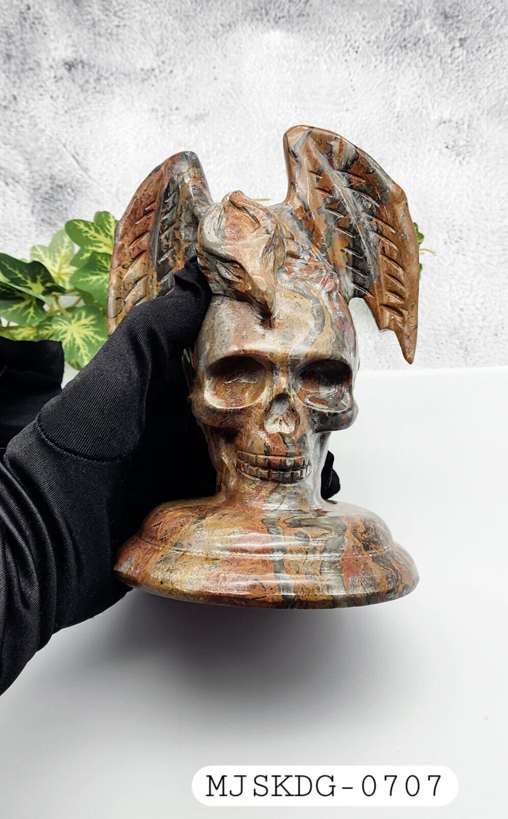 Mountain Jasper Skull With Dragon, Gothic Dragon, Decor, Hand-Carved Skull Large