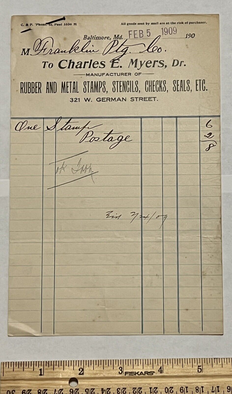 1909 CHARLES E. MYERS BALTIMORE MD TWO INVOICES STAPLED TOGETHER BY NAIL