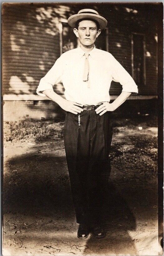 c1910s Real Photo RPPC Postcard Skinny Young Man in Straw Hat / Hands on Hips