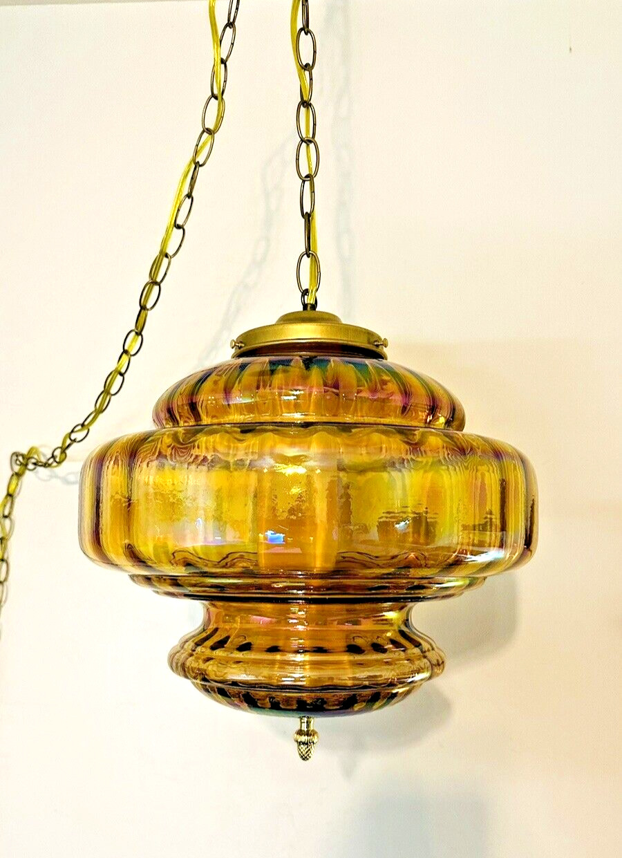 Vintage Hollywood Regency Amber Iridescent Carnival Glass Hanging Swag Lamp