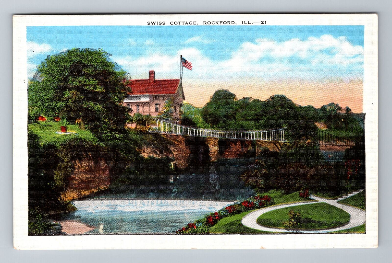 Rockford IL-Illinois, Swiss Cottage, Bridge, Vintage Postcard