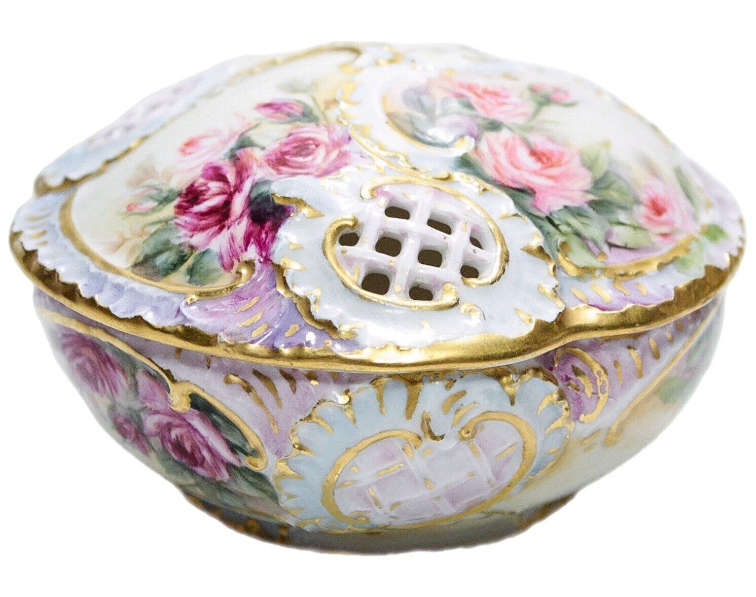 Antique Hand Painted Hallmarked Floral Gilt Reticulated Porcelain Powder Box