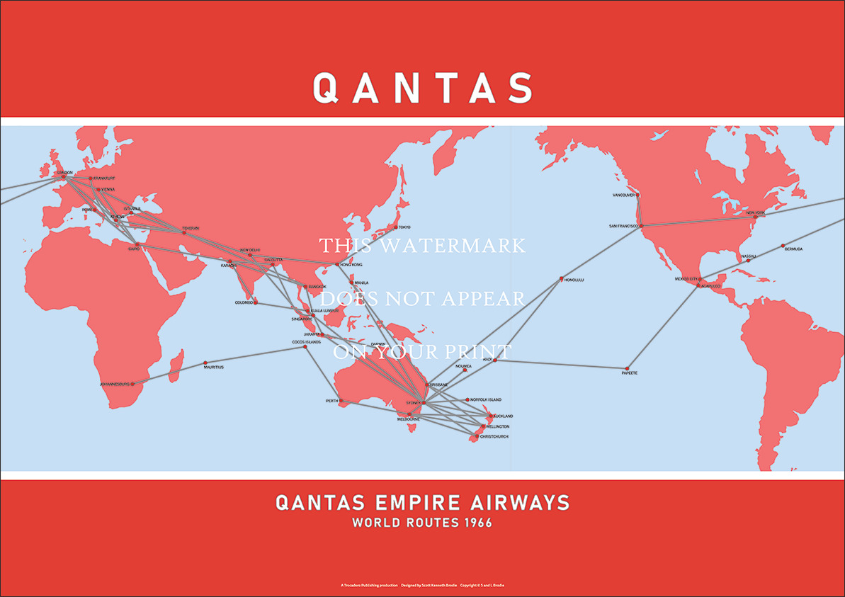 Qantas Empire Airways 1966 Map A1 Art Print – World Routes – 84 x 59 cm Poster