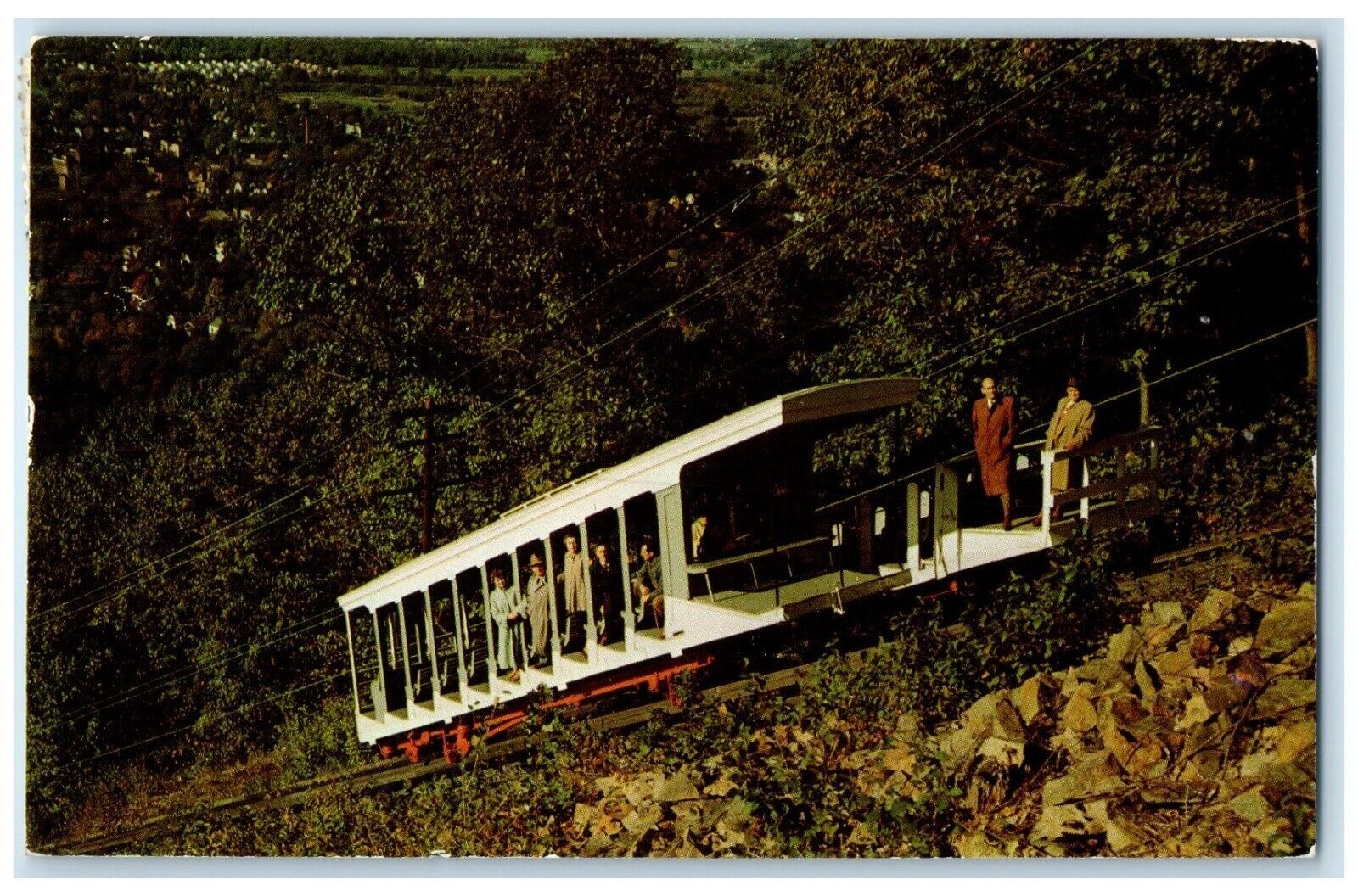 1959 Mt. Beacon Incline Cars Passing Railroad Beacon New York Vintage Postcard