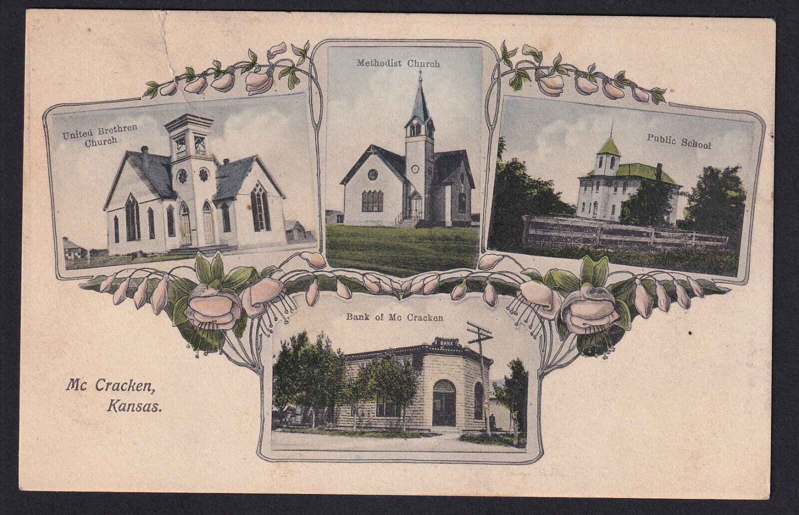 Kansas-KS-McCracken-Rush County-Multi View-Church-School-Bank-Antique Postcard