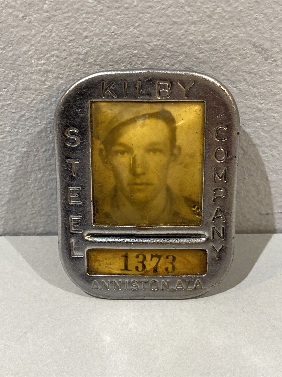 Vintage 1930s-40s Employee Metal Photo ID Badge Pin KILBEY STEEL CO Anniston, AL
