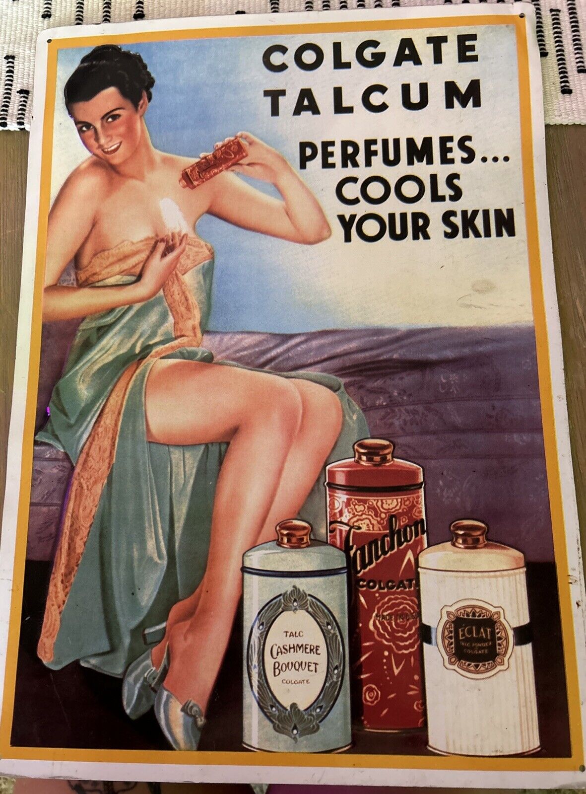 Vintage Colgate Talcum Perfume Sign.  18x12-7/8