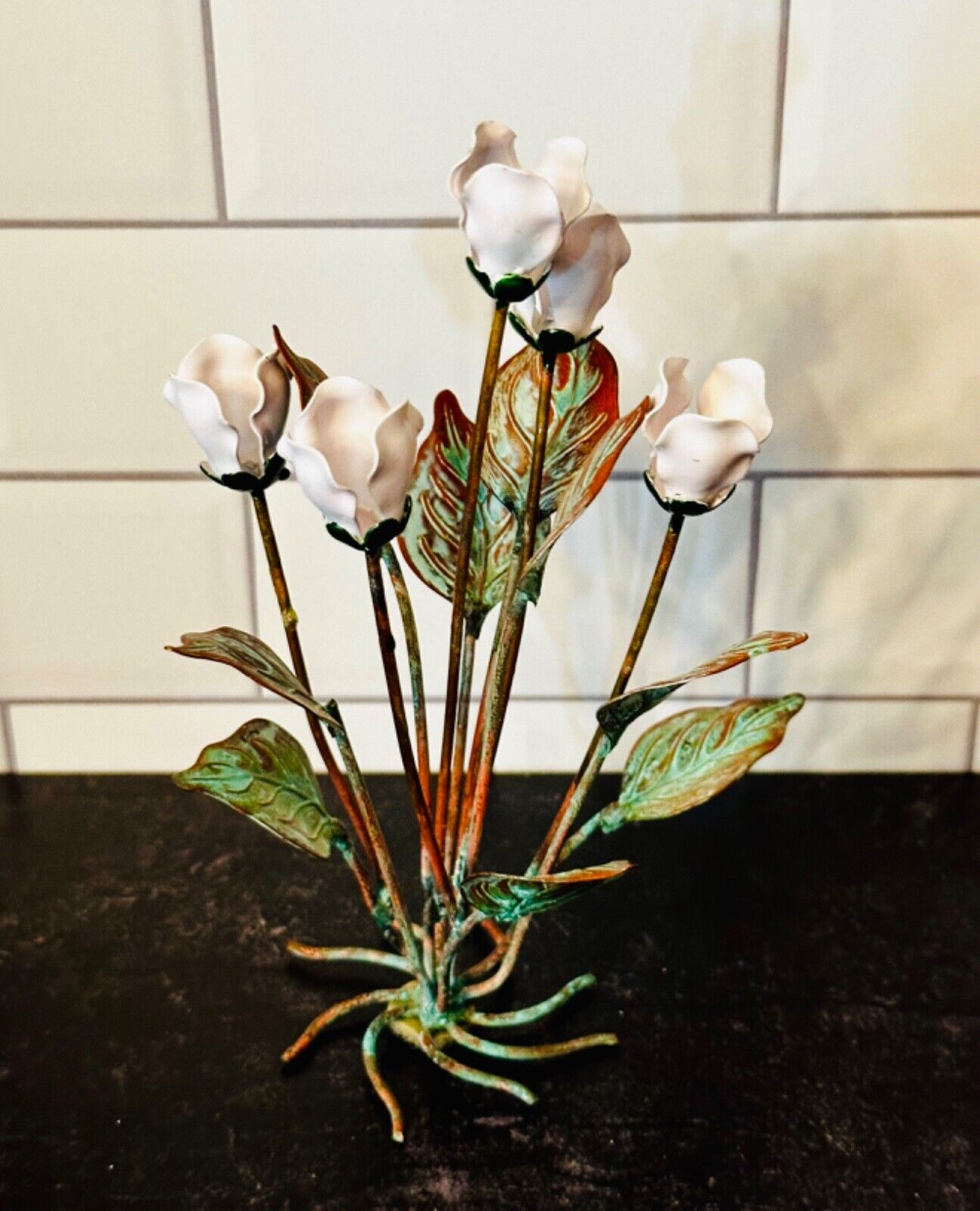 Lovely Tiny Tabletop Sculpture in Copper with enameled Tulips.