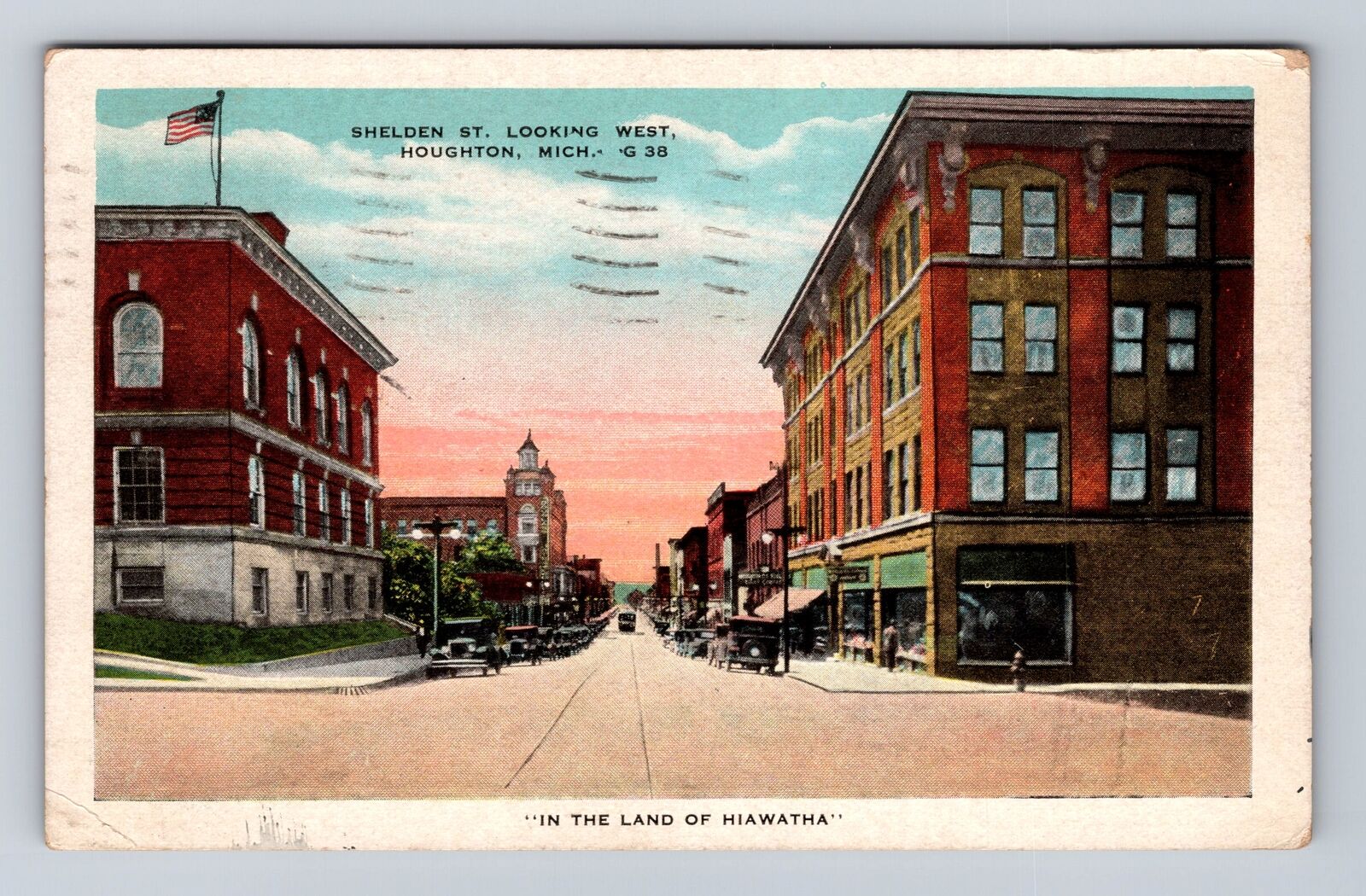 Houghton MI-Michigan, Shelden Street Looking West Antique Vintage c1935 Postcard