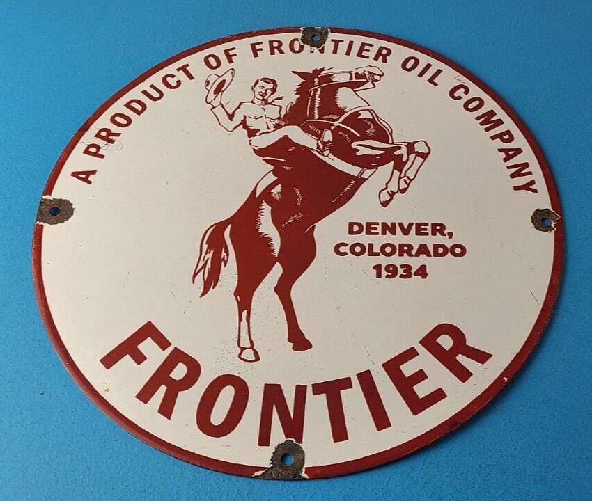 Vintage Frontier Gasoline Sign - Cowboy Gas Oil Service Station Porcelain Sign