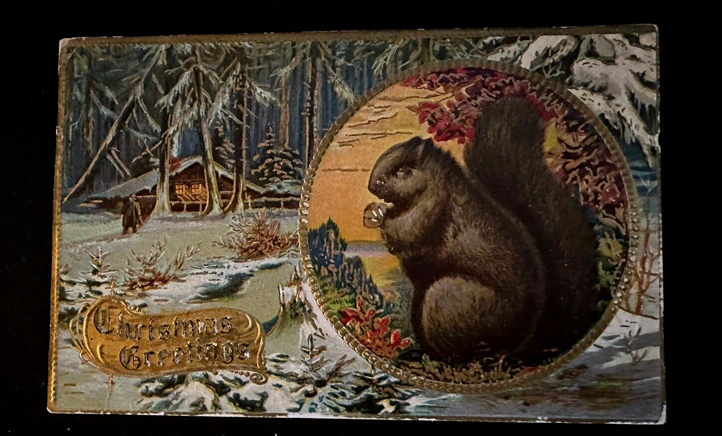 Antique~Christmas Postcard~Big Squirrel with Nut Winter Scene Cabin~k92