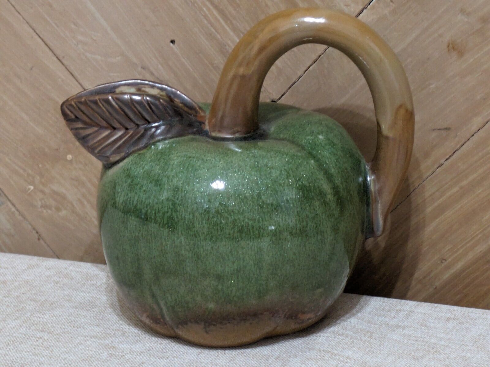 Country Cottage Small Apple Pitcher, Shimmering Green w. Brown Handle & Spout