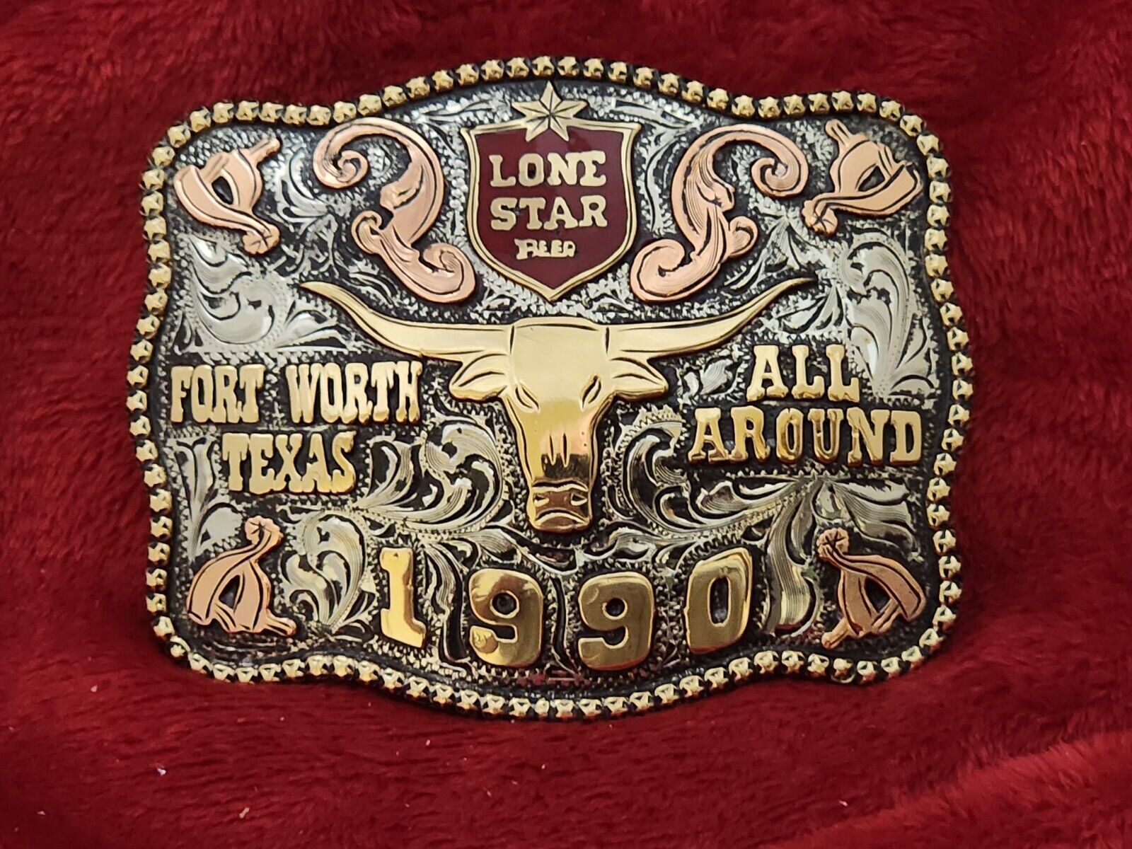 CHAMPION RODEO TROPHY BUCKLE TX LONE STAR ALL AROUND PROFESSIONAL☆1990☆RARE☆42
