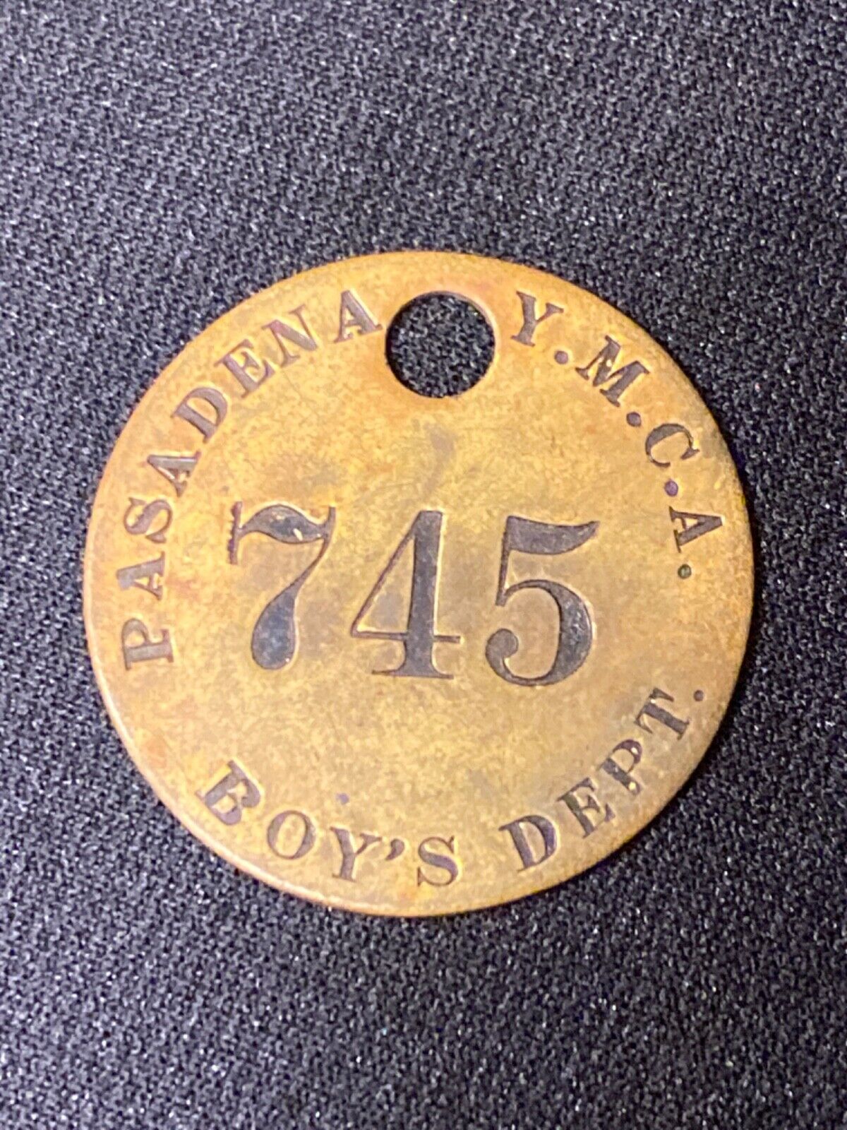Ca. 1920's Pasadena Y.M.C.A. Boy’s Dept.  745 Solid Brass Room Check Pendant Tag