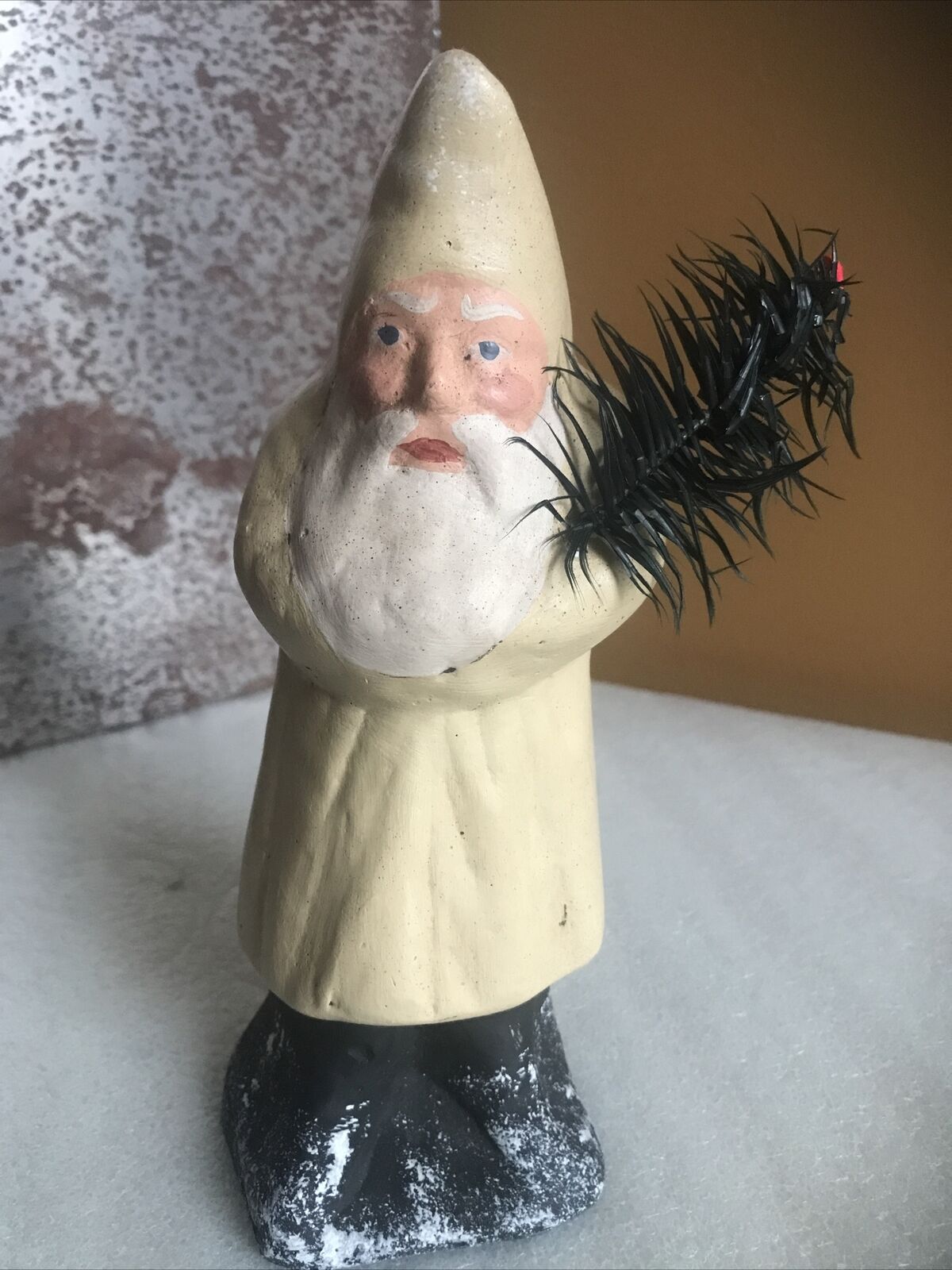 Primitive Vintage Belsnickle Santa Claus Figurine w/ Tree Folk Art Holiday 7.5”