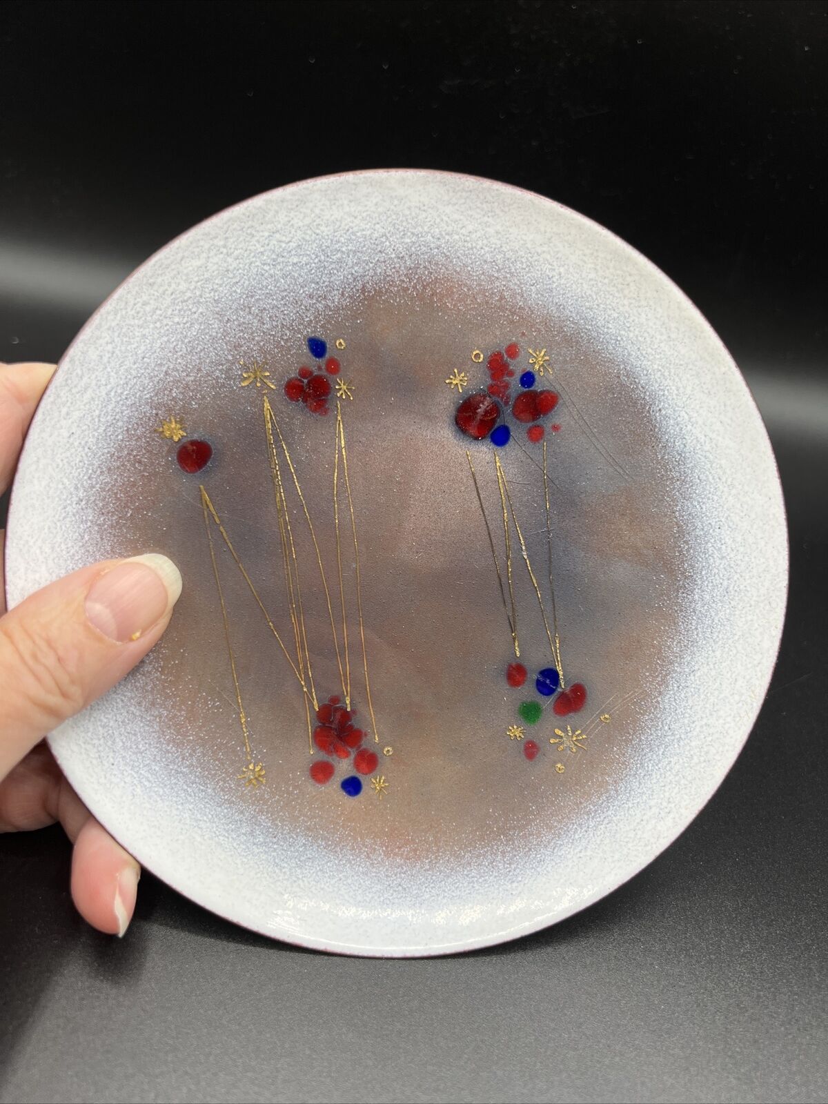 VTG Art GERTE HACKER Enamel Copper  Plate Dish 6” Abstract Signed