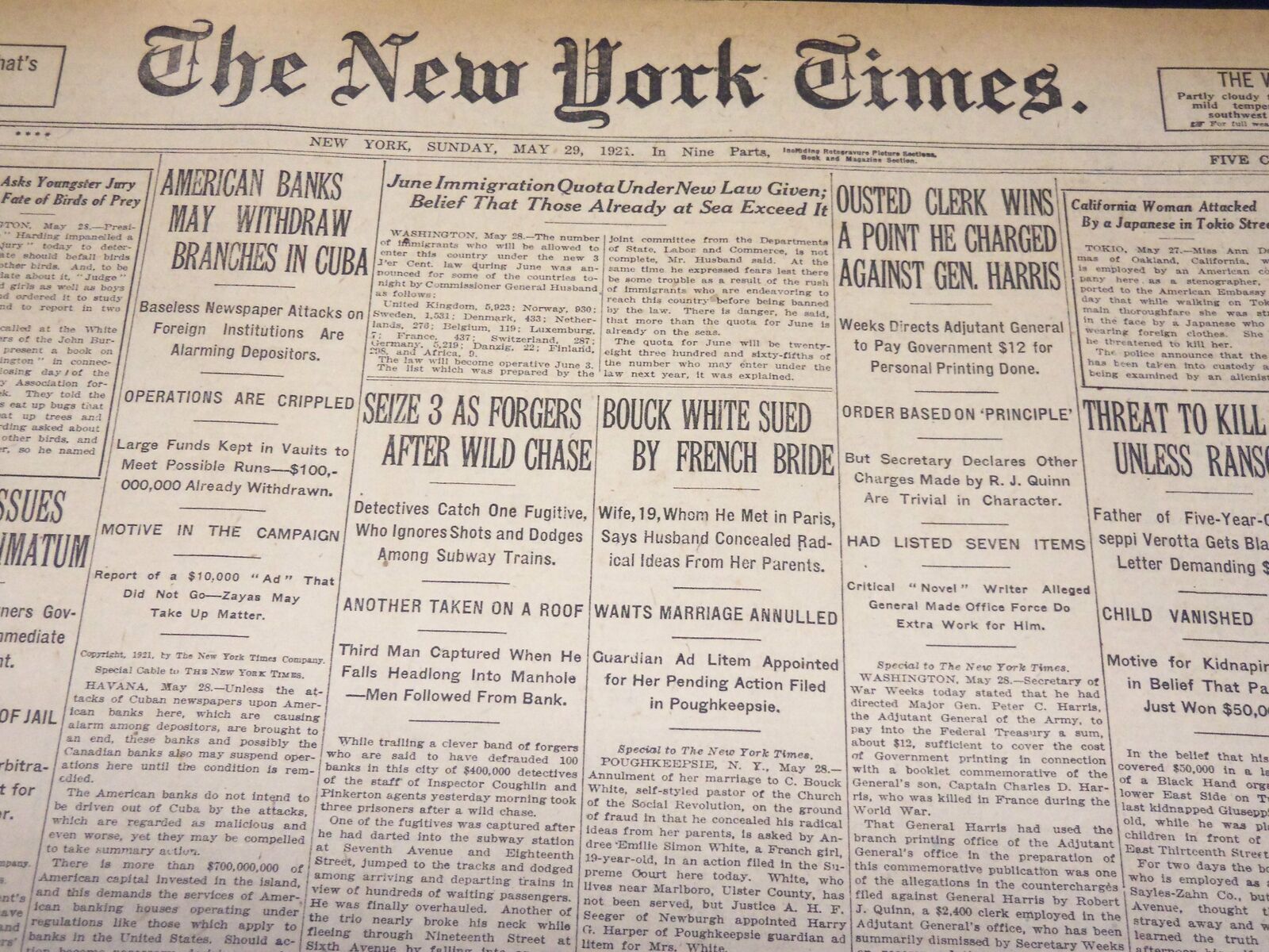 1921 MAY 29 NEW YORK TIMES NEWSPAPER- BOUCK WHITE SUED BY FRENCH BRIDE - NT 7854