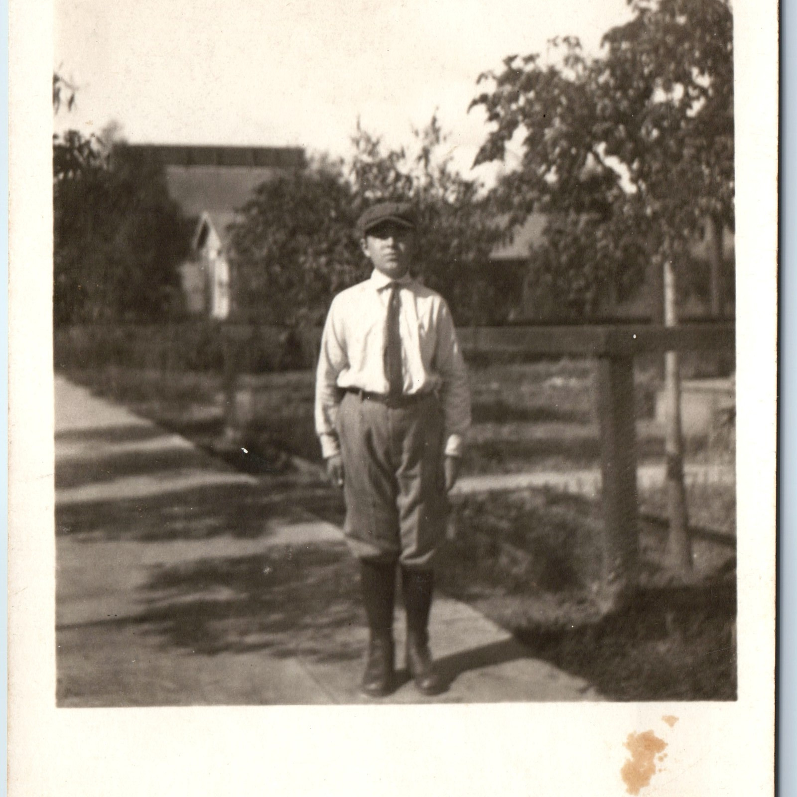 c1910s Young Man Outdoors RPPC Standing Straight Pose Newsboy Cap Suit Tie A255