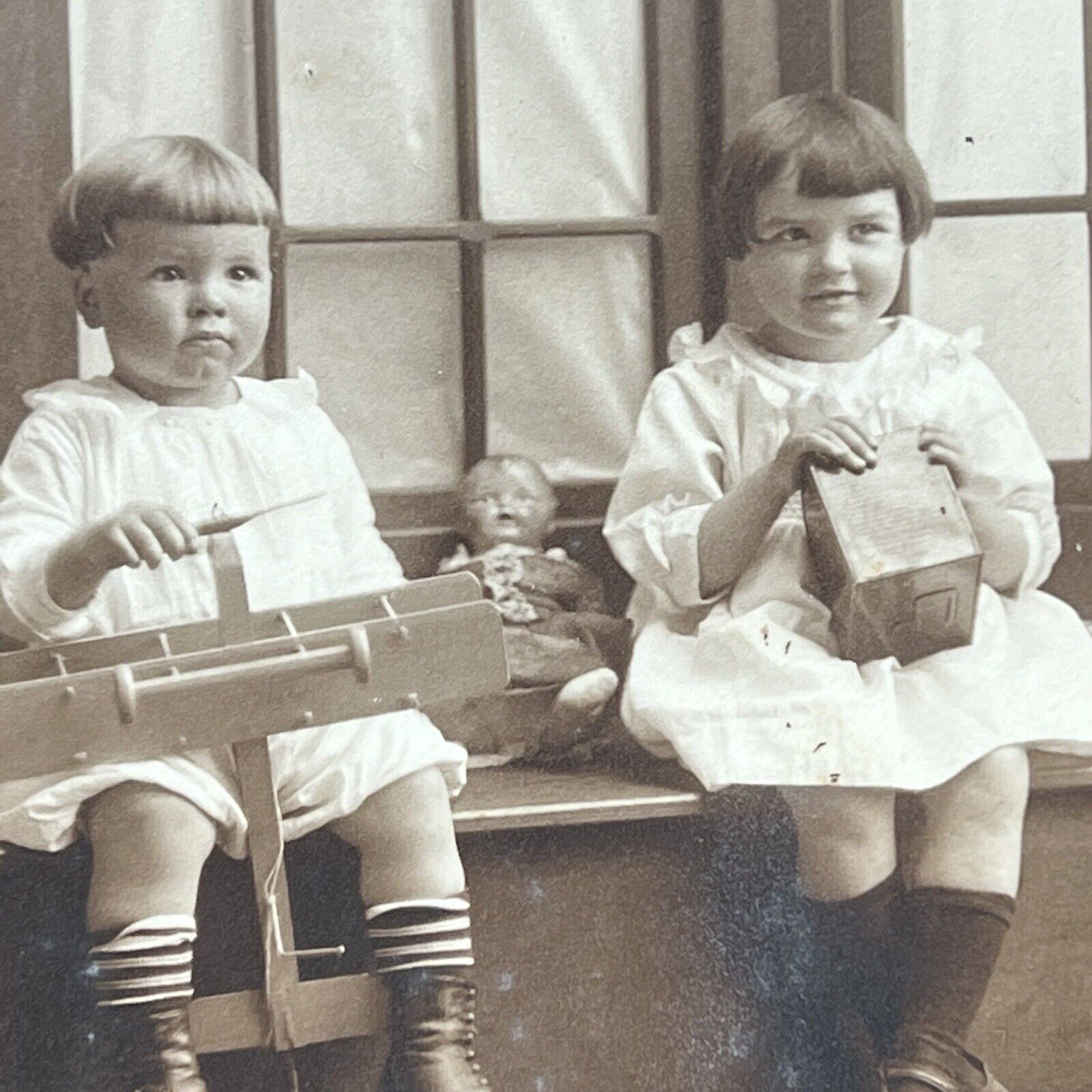 Antique Trifold Photograph Adorable Children Playing With Toys Airplane Doll