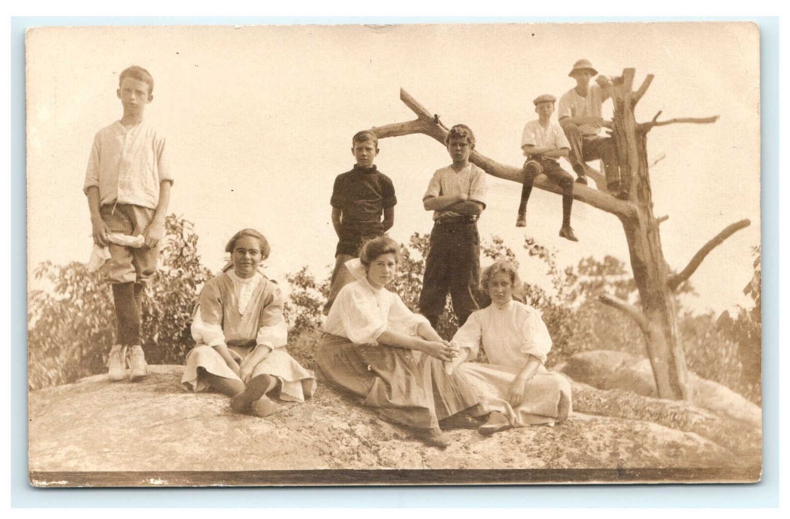 1907-1914 Young Woman and Boys on Rock & Cliff RPPC Early Postcard View