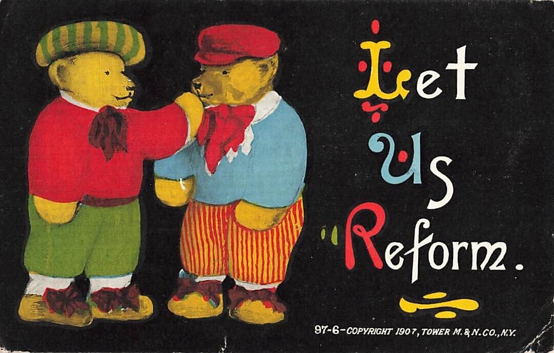 Postcard Comic Dressed Teddy Bears One Hits the Other Let Us Reform 1907