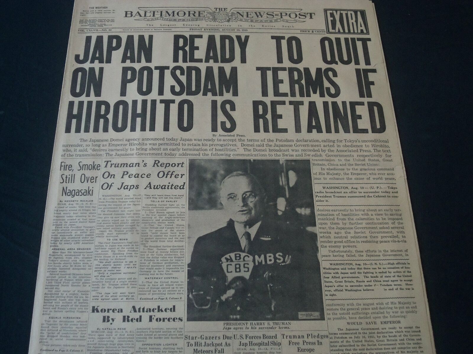 1945 AUGUST 10 BALTIMORE NEWS NEWSPAPER - JAPAN READY TO QUIT - NT 7317