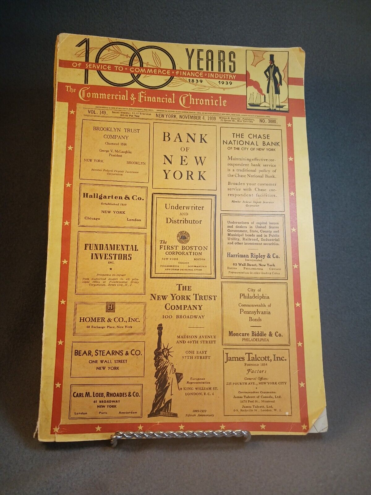 Vintage 1939 100 Yr Anniversary Commercial &financial Chronicle New York...
