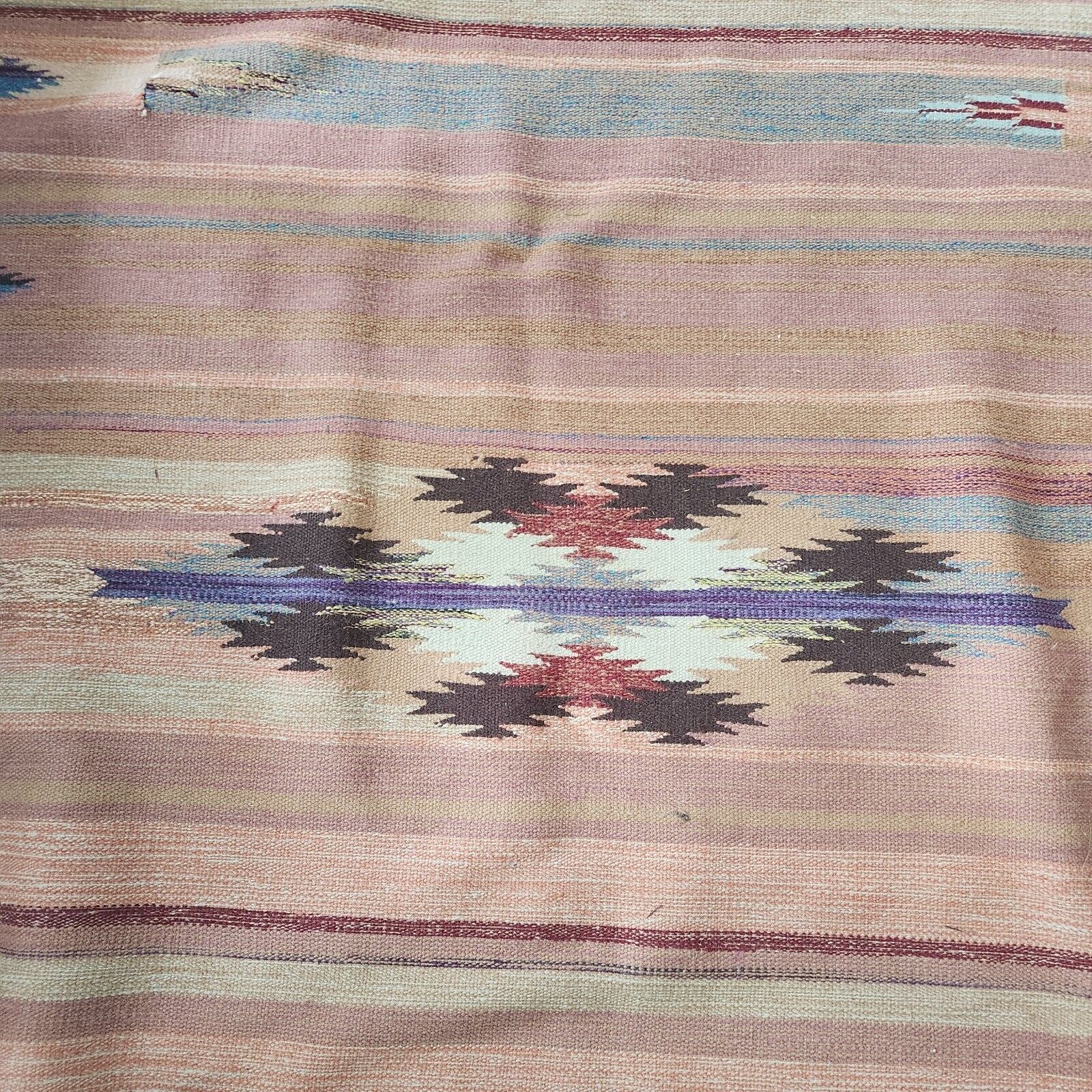 Vintage Southwestern Chimayo Banded Area Rug 90x63 Pastel Stripes Woven AS IS
