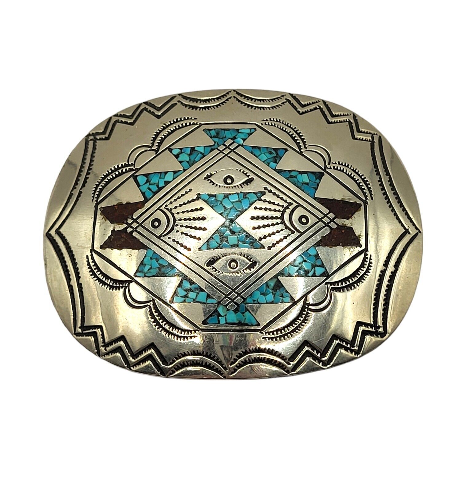 Signed J. Nezzie Navajo Native American Turquoise Coral Inlaid Belt Buckle