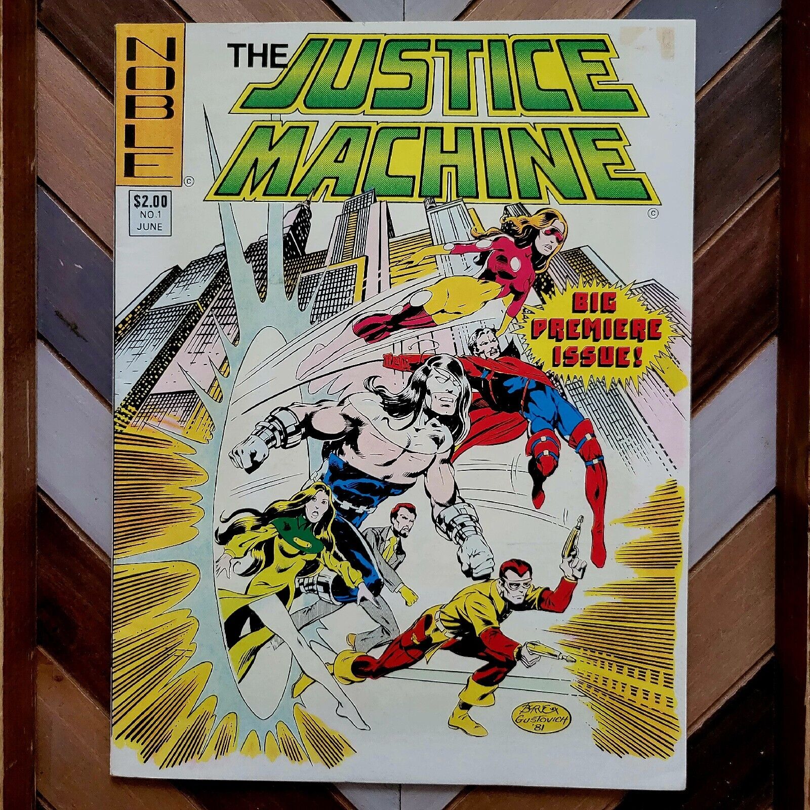 JUSTICE MACHINE #1 FN/VF Noble Comics 1981 RARE Debut Issue GREEN & YELLOW Title
